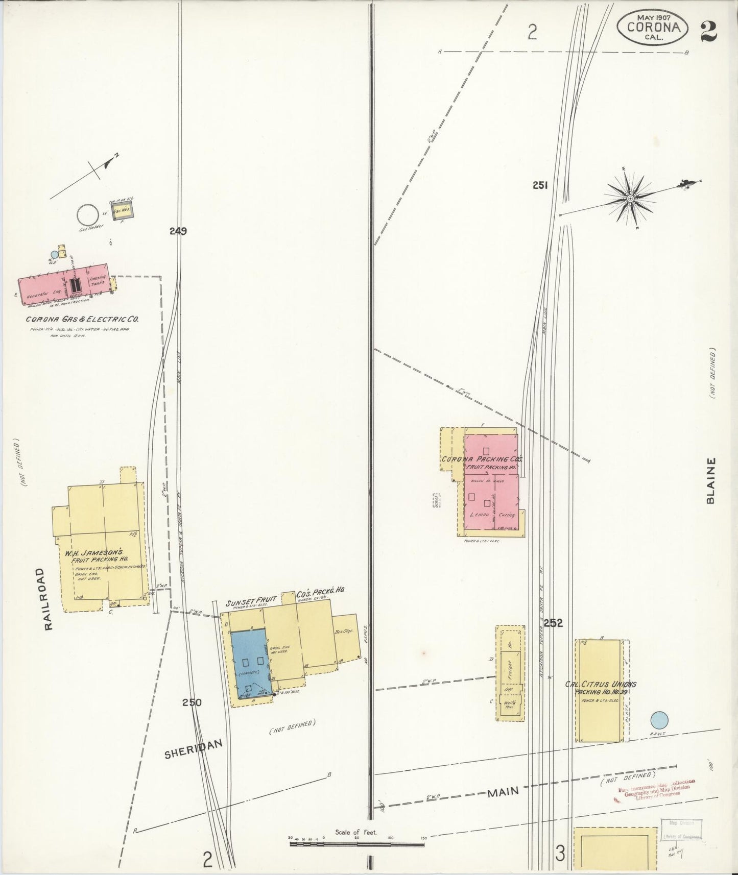 Sanborn Fire Insurance Map from Corona, Riverside County, California (1907), Sheet #0002 - Complete Map Set gallery image, historic Sanborn map, vintage wall art, California California