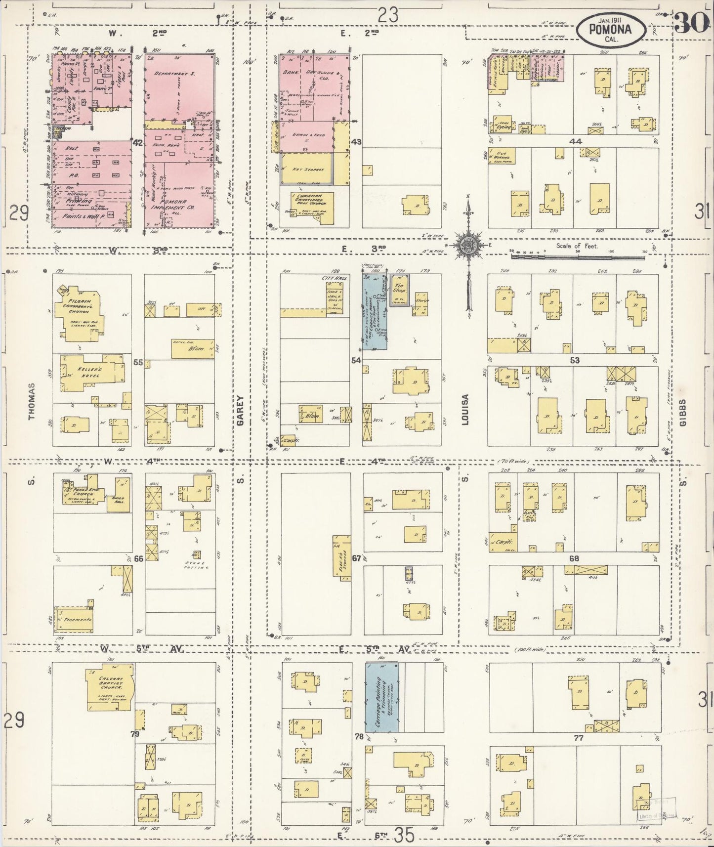 Sanborn Fire Insurance Map from Pomona, Los Angeles County, California (1911), Sheet #0030 - Complete Map Set gallery image, historic Sanborn map, vintage wall art, California California