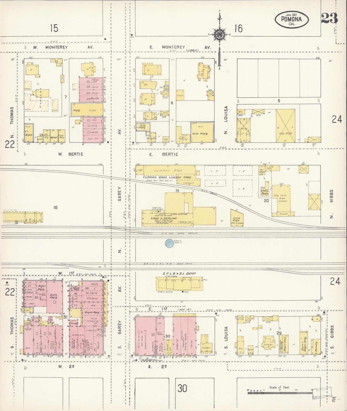 Sanborn Fire Insurance Map from Pomona, Los Angeles County, California (1911), Sheet #0023 - Complete Map Set gallery image, historic Sanborn map, vintage wall art, California California