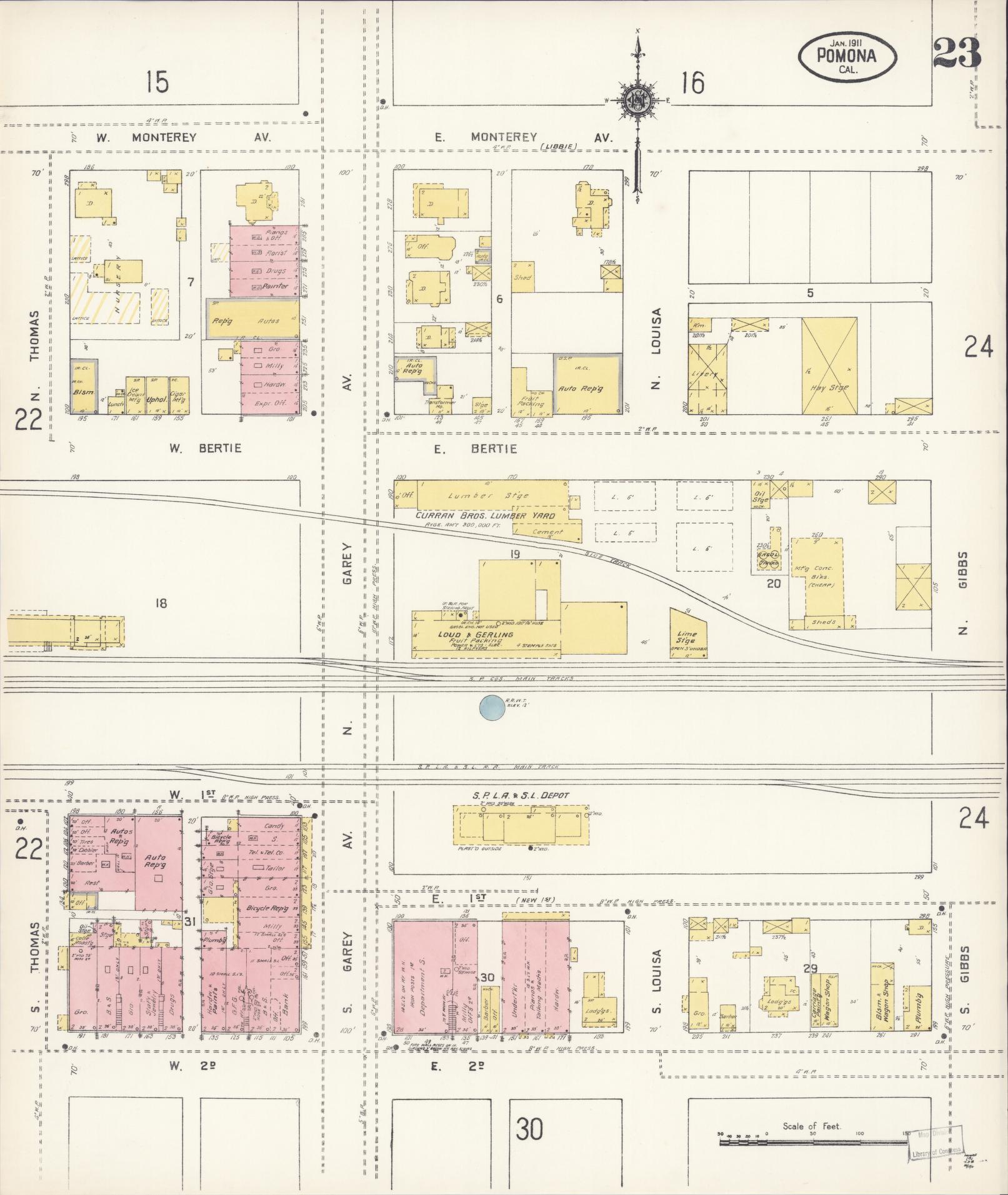 Sanborn Fire Insurance Map from Pomona, Los Angeles County, California (1911), Sheet #0023 - Complete Map Set gallery image, historic Sanborn map, vintage wall art, California California