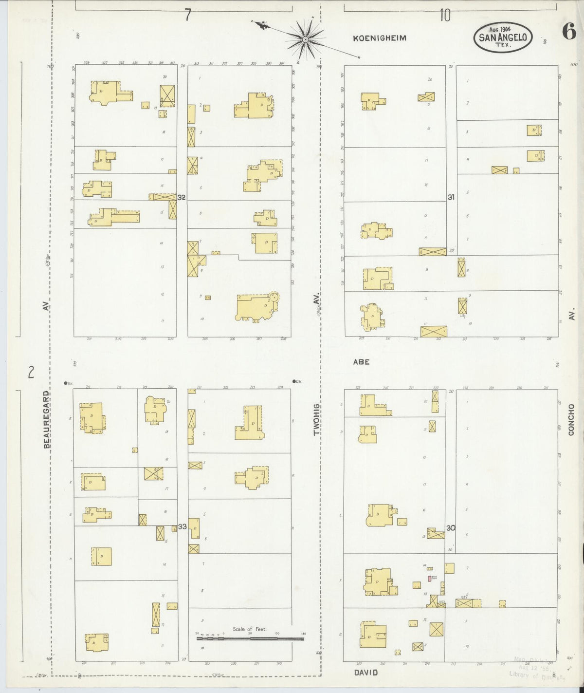 Sanborn Fire Insurance Map from San Angelo, Tom Green County, Texas (1904), Sheet #0006 - Historic Sanborn Fire Insurance Map Print, vintage old map wall art, antique decor, genealogy gift, Texas Texas map