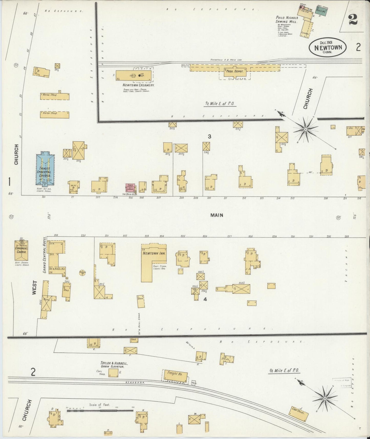 Sanborn Fire Insurance Map from Newtown, Fairfield County, Connecticut (1901), Sheet #0002 - Complete Map Set gallery image, historic Sanborn map, vintage wall art, Connecticut Connecticut
