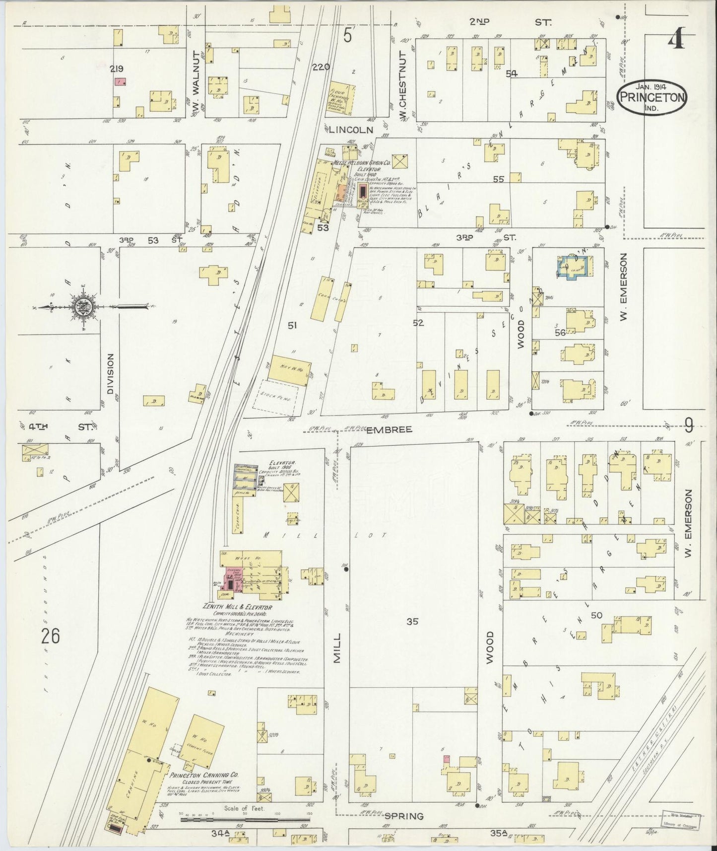 Sanborn Fire Insurance Map from Princeton, Gibson County, Indiana (1914), Sheet #0004 - Historic Sanborn Fire Insurance Map Print, vintage old map wall art, antique decor, genealogy gift, Indiana Indiana map