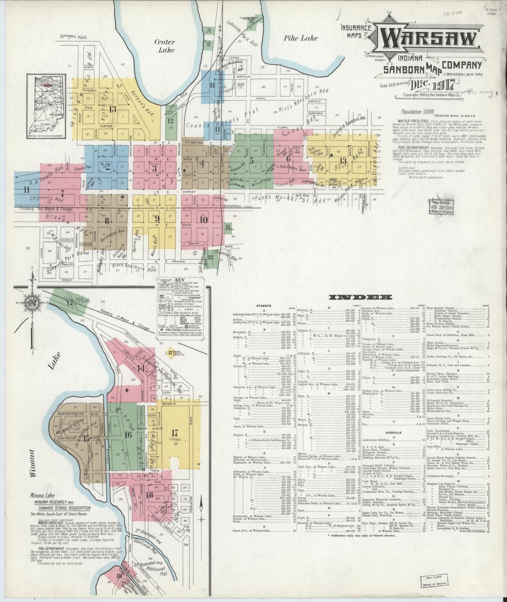 Sanborn Fire Insurance Map from Warsaw, Kosciusko County, Indiana. (1917) – Historic Sanborn Fire Insurance Map Print