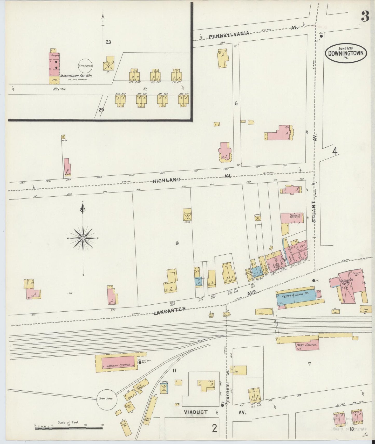 Sanborn Fire Insurance Map from Downingtown, Chester County, Pennsylvania (1898), Sheet #0003 - Historic Sanborn Fire Insurance Map Print, vintage old map wall art, antique decor, genealogy gift, Pennsylvania Pennsylvania map