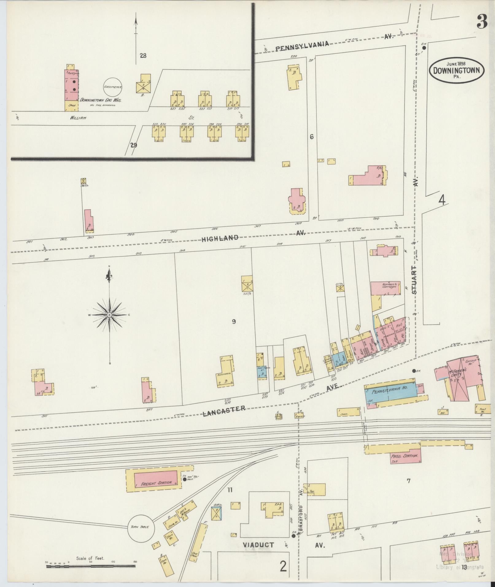 Sanborn Fire Insurance Map from Downingtown, Chester County, Pennsylvania (1898), Sheet #0003 - Historic Sanborn Fire Insurance Map Print, vintage old map wall art, antique decor, genealogy gift, Pennsylvania Pennsylvania map