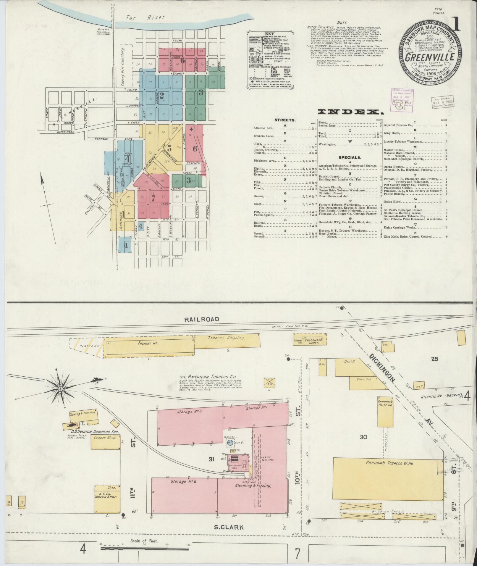 Sanborn Fire Insurance Map from Greenville, Pitt County, North Carolina (1905), Sheet #0001 - Complete Map Set gallery image, historic Sanborn map, vintage wall art, North Carolina North Carolina