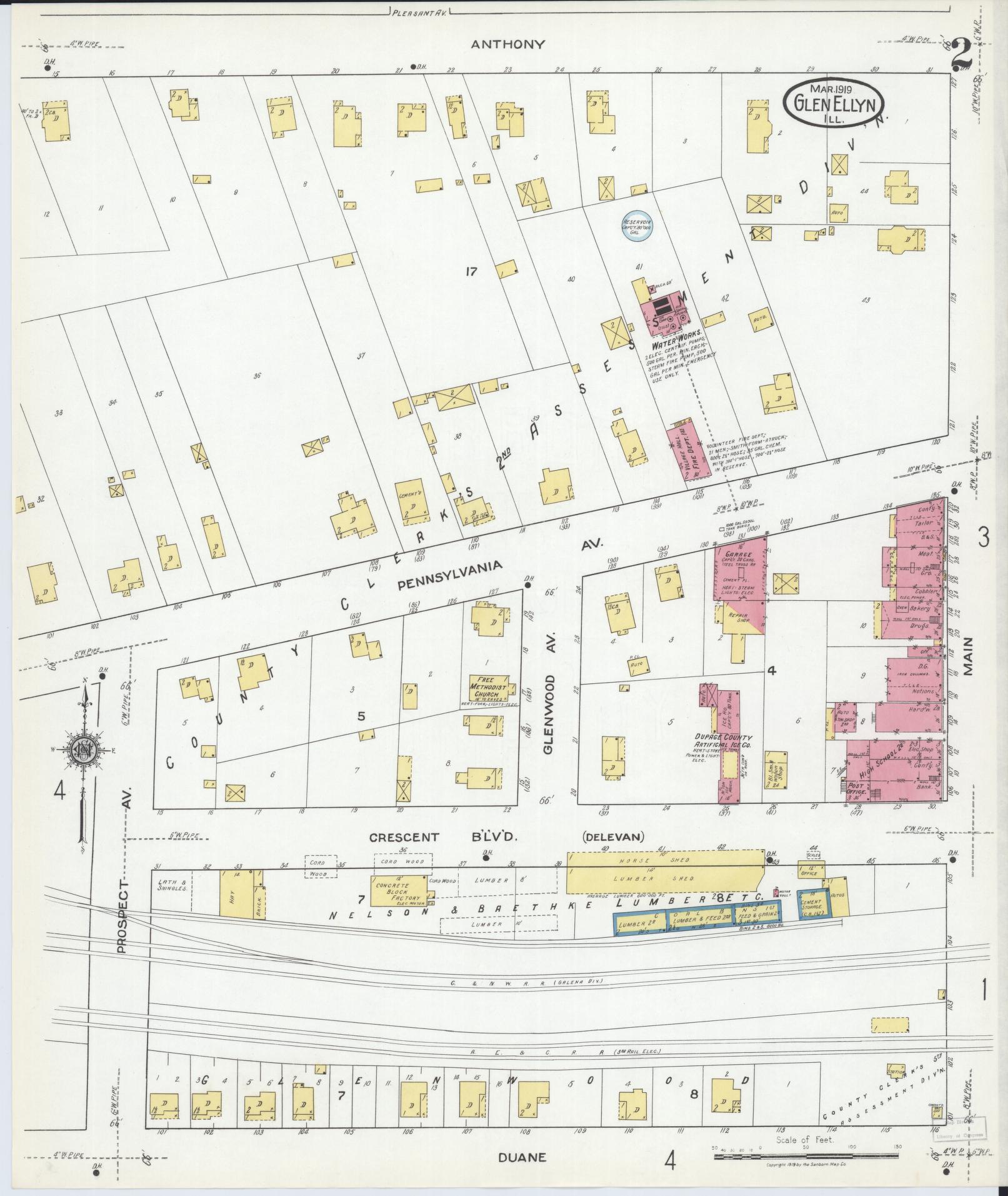 Sanborn Fire Insurance Map from Glen Ellyn, Du Page County, Illinois (1919), Sheet #0002 - Complete Map Set gallery image, historic Sanborn map, vintage wall art, Illinois Illinois