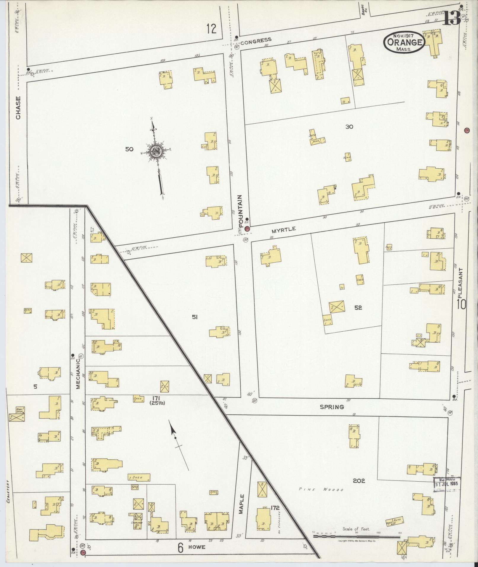 Sanborn Fire Insurance Map from Orange, Franklin County, Massachusetts (1917), Sheet #0013 - Historic Sanborn Fire Insurance Map Print, vintage old map wall art, antique decor, genealogy gift, Massachusetts Massachusetts map