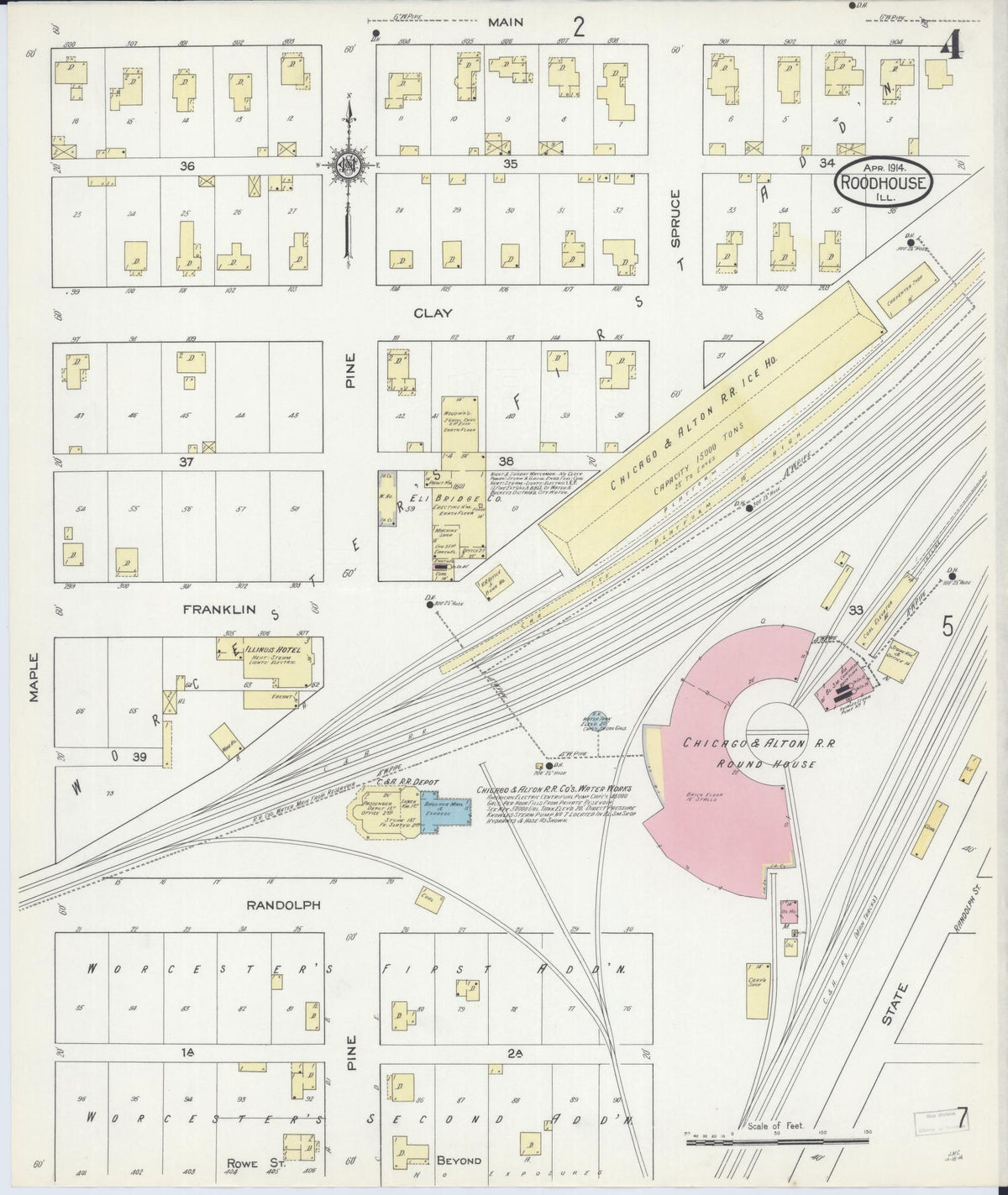 Sanborn Fire Insurance Map from Roodhouse, Greene County, Illinois (1914), Sheet #0004 - Historic Sanborn Fire Insurance Map Print, vintage old map wall art, antique decor, genealogy gift, Illinois Illinois map