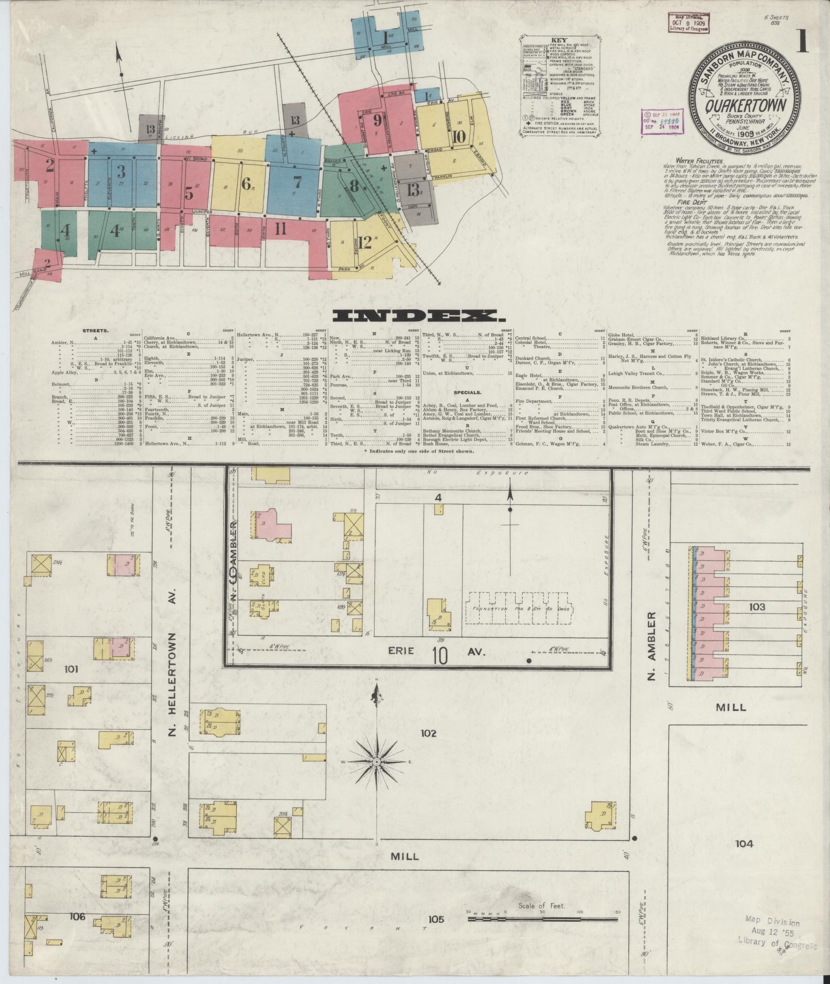 Sanborn Fire Insurance Map from Quakertown, Bucks County, Pennsylvania (1909), Sheet #0001 - Historic Sanborn Fire Insurance Map Print, vintage old map wall art, antique decor, genealogy gift, Pennsylvania Pennsylvania map