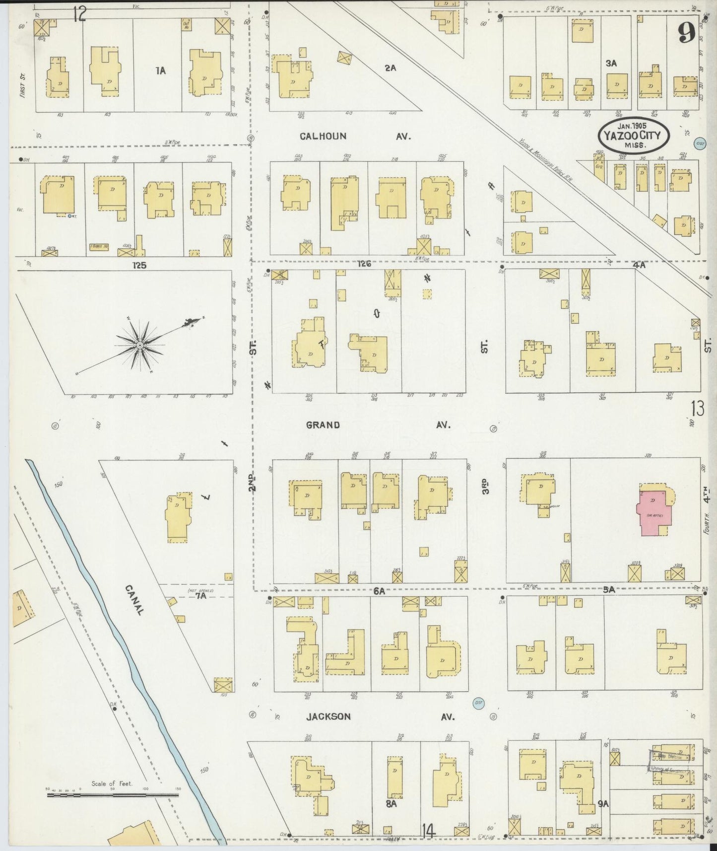 Sanborn Fire Insurance Map from Yazoo City, Yazoo County, Mississippi (1905), Sheet #0009 - Complete Map Set gallery image, historic Sanborn map, vintage wall art, Mississippi Mississippi
