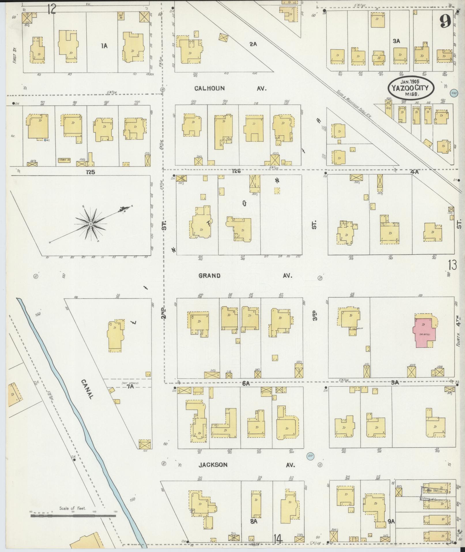 Sanborn Fire Insurance Map from Yazoo City, Yazoo County, Mississippi (1905), Sheet #0009 - Complete Map Set gallery image, historic Sanborn map, vintage wall art, Mississippi Mississippi