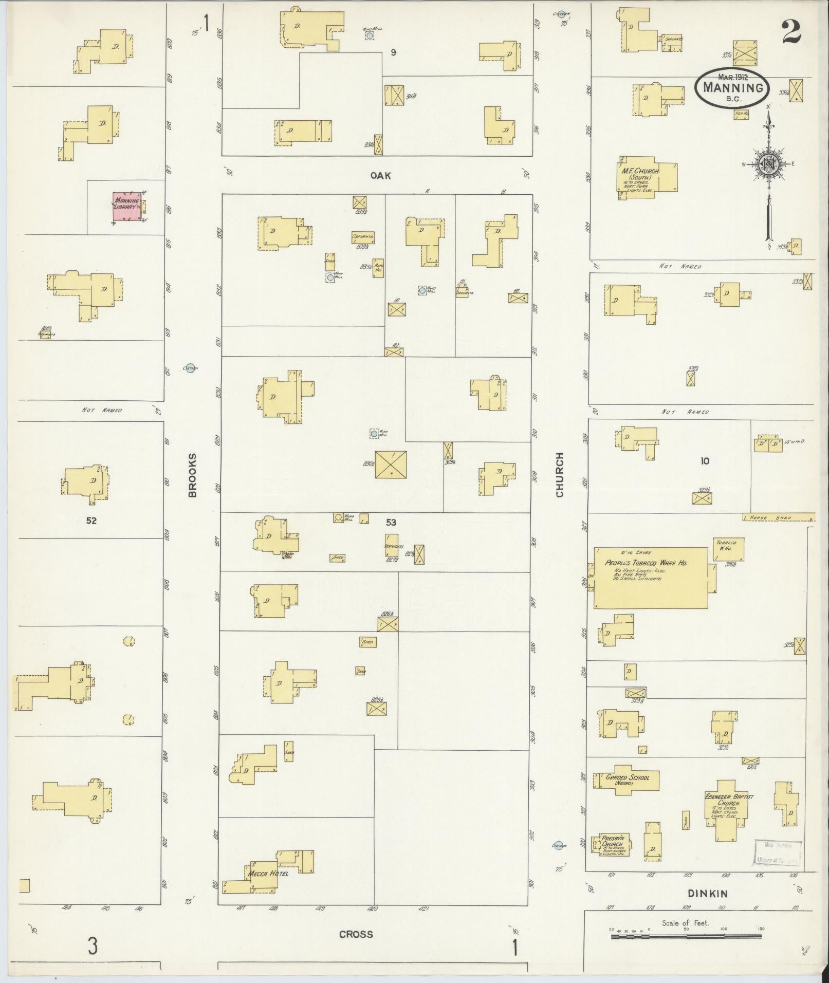 Sanborn Fire Insurance Map from Manning, Clarendon County, South Carolina (1912), Sheet #0002 - Complete Map Set gallery image, historic Sanborn map, vintage wall art, South Carolina South Carolina