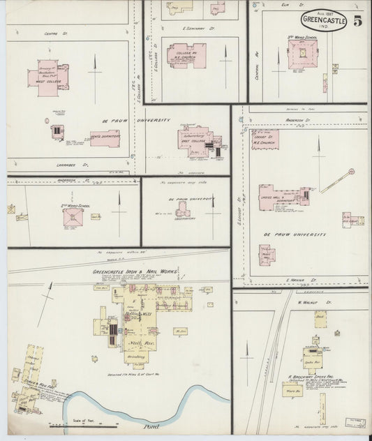 Sanborn Fire Insurance Map from Greencastle, Putnam County, Indiana (1887), Sheet #0005 - Historic Sanborn Fire Insurance Map Print, vintage old map wall art, antique decor, genealogy gift, Indiana Indiana map