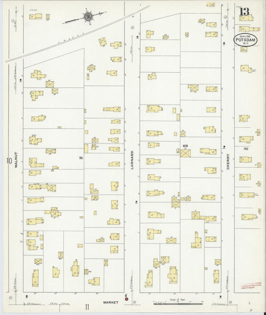 Sanborn Fire Insurance Map from Potsdam, St. Lawrence County, New York (1910), Sheet #0013 - Historic Sanborn Fire Insurance Map Print, vintage old map wall art, antique decor, genealogy gift, New York New York map