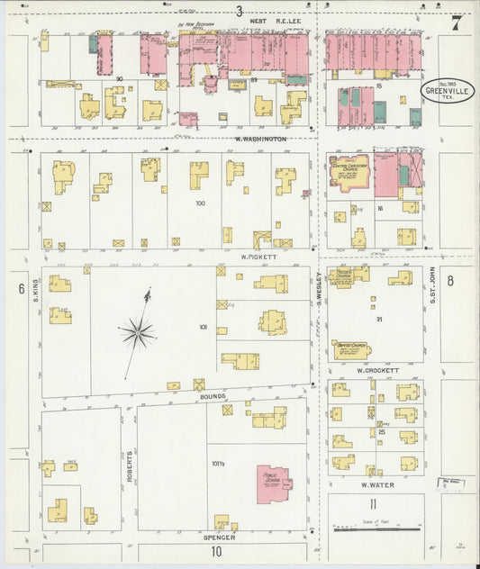 Sanborn Fire Insurance Map from Greenville, Hunt County, Texas (1903), Sheet #0007 - Historic Sanborn Fire Insurance Map Print, vintage old map wall art, antique decor, genealogy gift, Texas Texas map