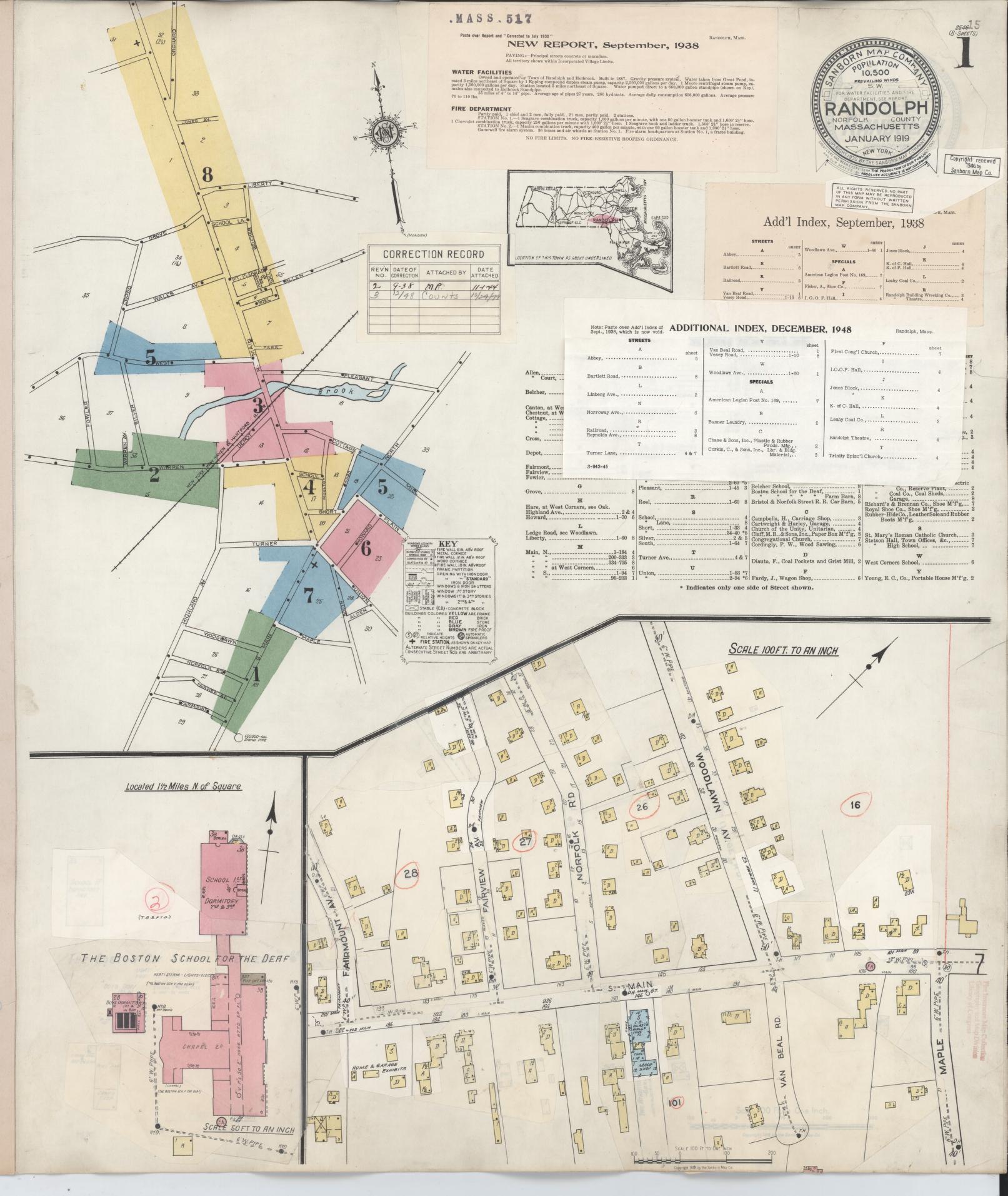 Sanborn Fire Insurance Map from Randolph, Norfolk County, Massachusetts (1948), Sheet #0001 - Historic Sanborn Fire Insurance Map Print, vintage old map wall art, antique decor, genealogy gift, Massachusetts Massachusetts map