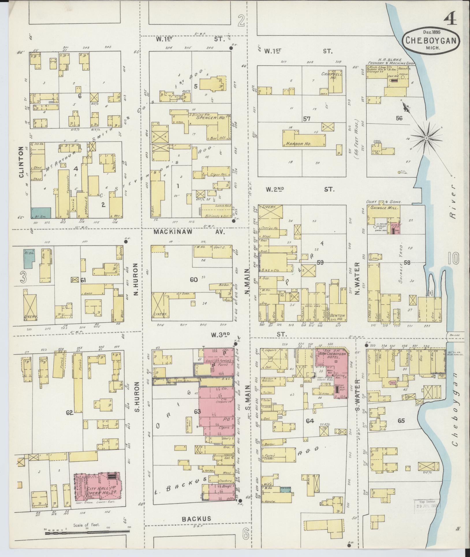 Sanborn Fire Insurance Map from Cheboygan, Cheboygan County, Michigan (1895), Sheet #0004 - Complete Map Set gallery image, historic Sanborn map, vintage wall art, Michigan Michigan