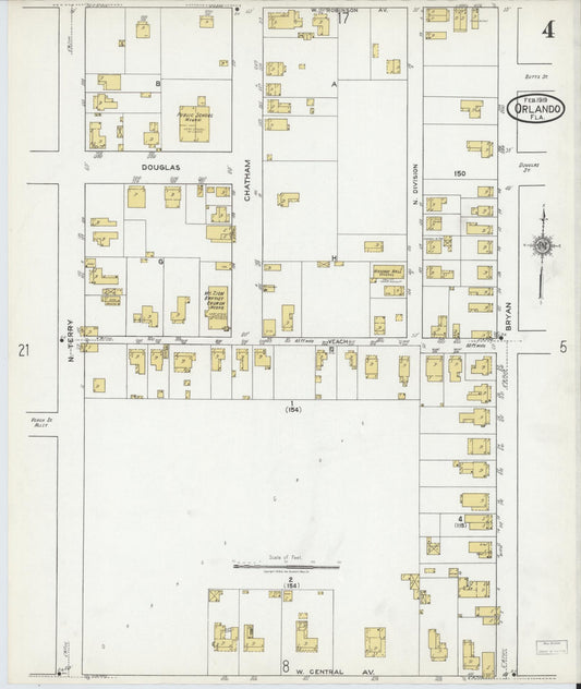 Sanborn Fire Insurance Map from Orlando, Orange County, Florida (1919), Sheet #0004 - Historic Sanborn Fire Insurance Map Print, vintage old map wall art, antique decor, genealogy gift, Florida Florida map