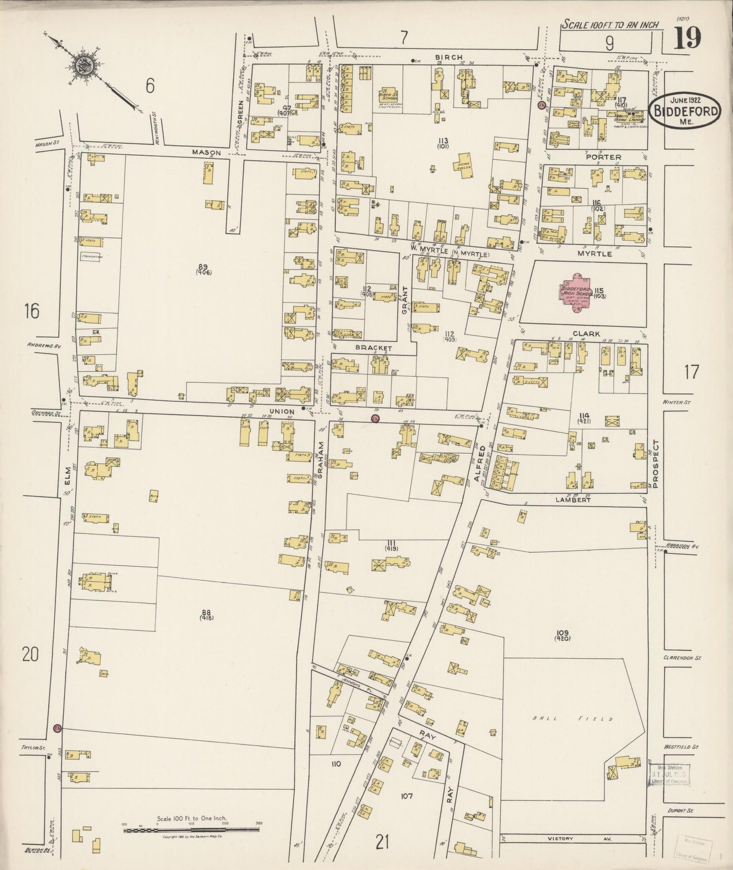 Sanborn Fire Insurance Map from Biddeford, York County, Maine (1922), Sheet #0019 - Complete Map Set gallery image, historic Sanborn map, vintage wall art, Maine Maine