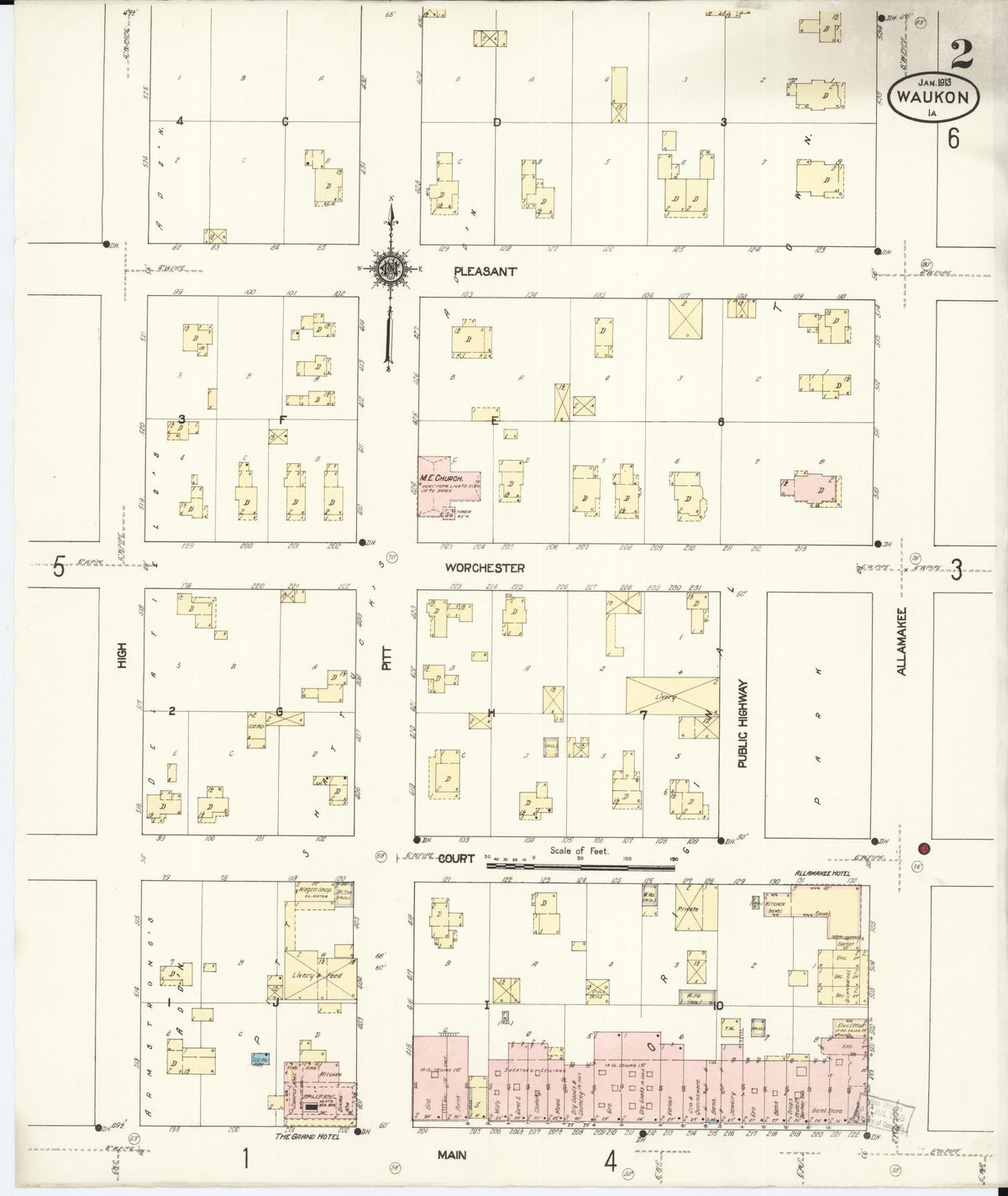 Sanborn Fire Insurance Map from Waukon, Allamakee County, Iowa (1913), Sheet #0002 - Historic Sanborn Fire Insurance Map Print, vintage old map wall art