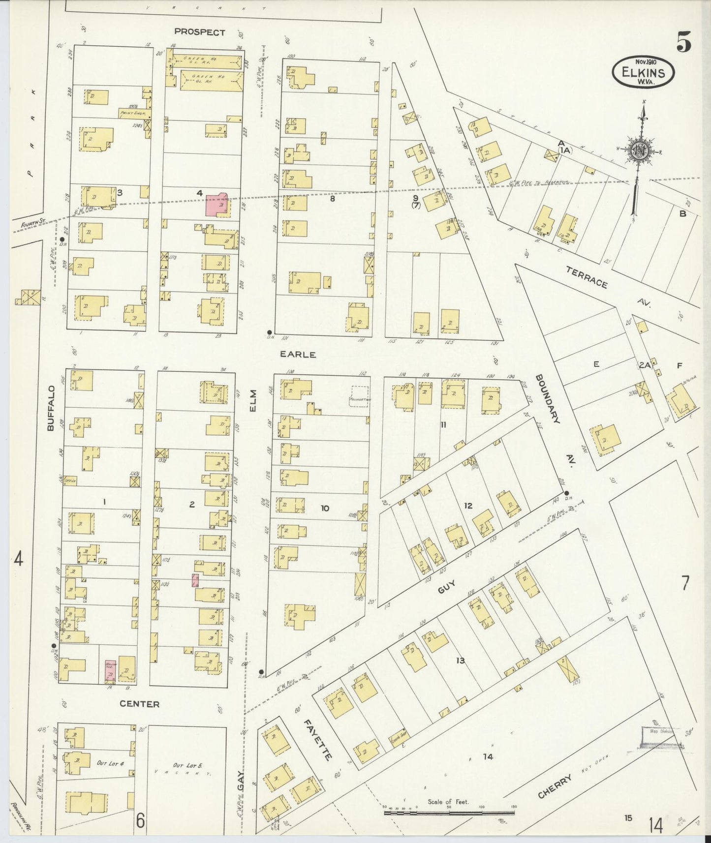 Sanborn Fire Insurance Map from Elkins, Randolph County, West Virginia (1910), Sheet #0005 - Historic Sanborn Fire Insurance Map Print, vintage old map wall art, antique decor, genealogy gift, West Virginia West Virginia map