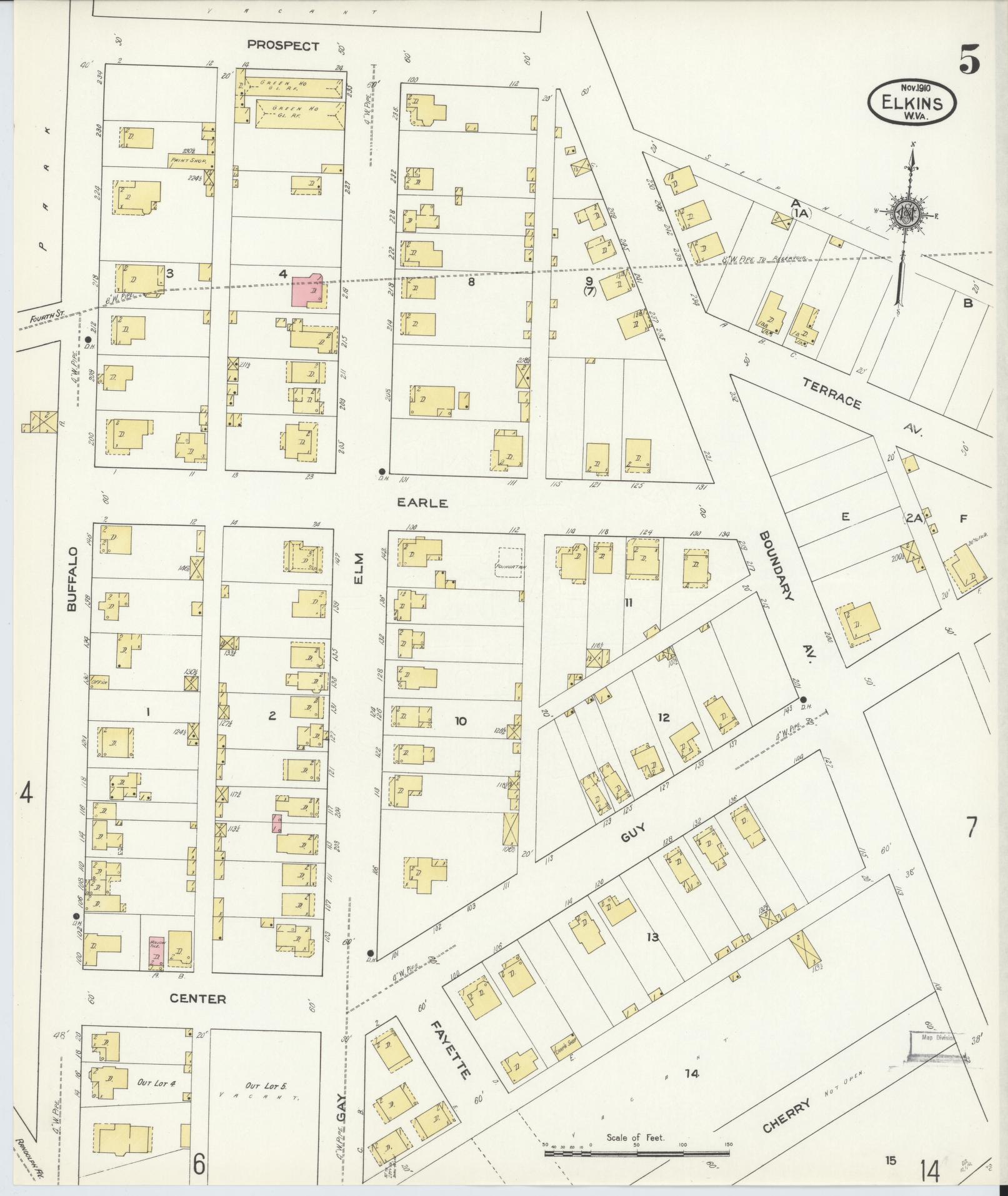 Sanborn Fire Insurance Map from Elkins, Randolph County, West Virginia (1910), Sheet #0005 - Historic Sanborn Fire Insurance Map Print, vintage old map wall art, antique decor, genealogy gift, West Virginia West Virginia map