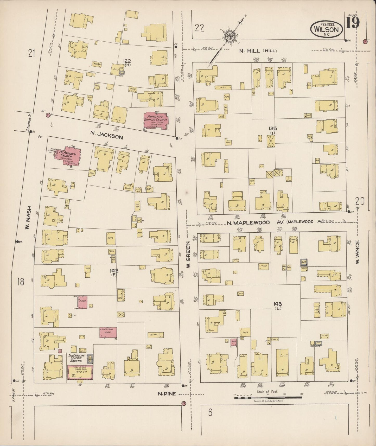 Sanborn Fire Insurance Map from Wilson, Wilson County, North Carolina (1922), Sheet #0019 - Historic Sanborn Fire Insurance Map Print, vintage old map wall art, antique decor, genealogy gift, North Carolina North Carolina map