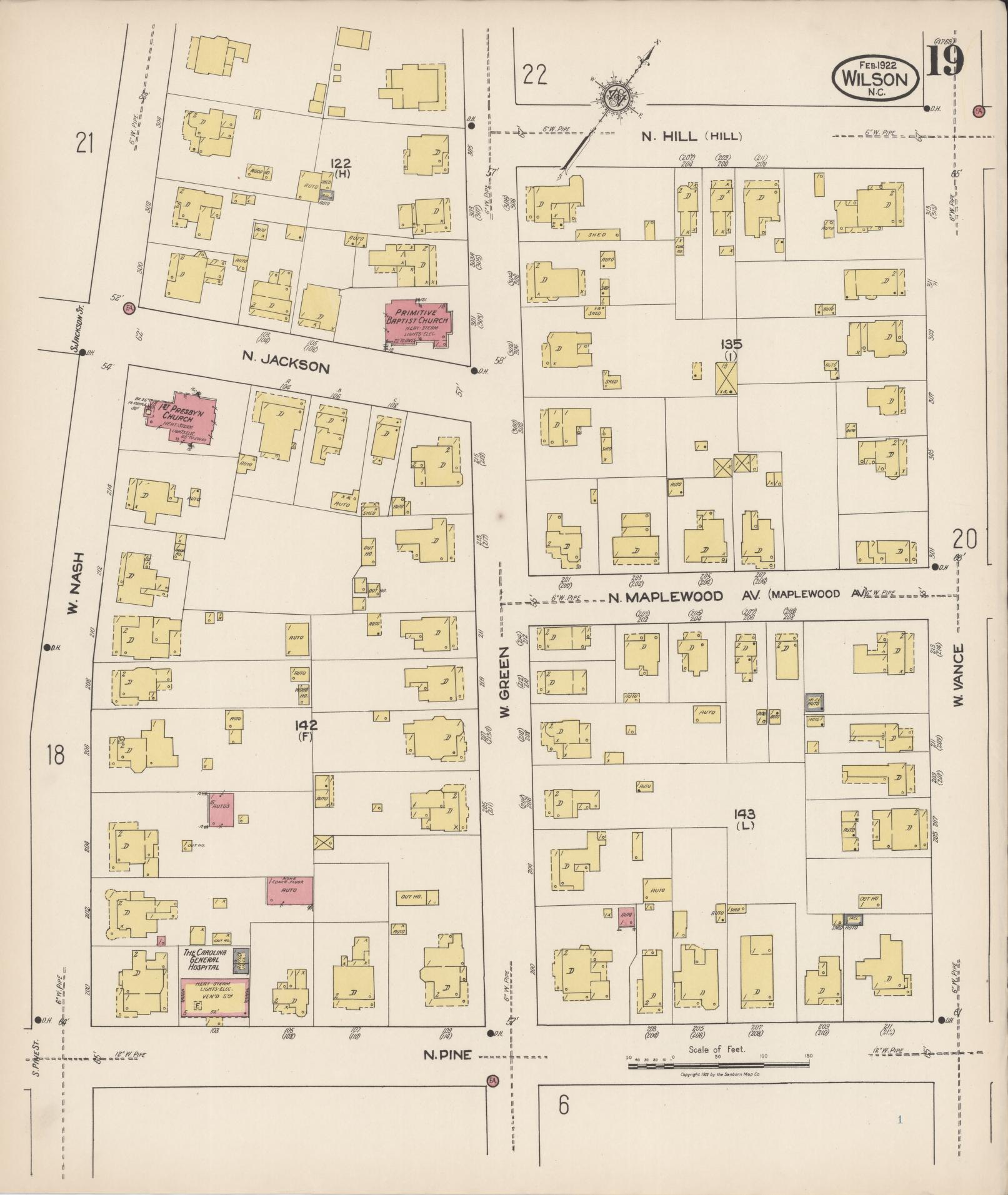 Sanborn Fire Insurance Map from Wilson, Wilson County, North Carolina (1922), Sheet #0019 - Historic Sanborn Fire Insurance Map Print, vintage old map wall art, antique decor, genealogy gift, North Carolina North Carolina map