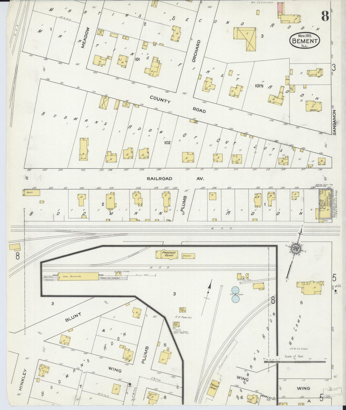 Sanborn Fire Insurance Map from Bement, Piatt County, Illinois (1915), Sheet #0008 - Complete Map Set gallery image, historic Sanborn map, vintage wall art, Illinois Illinois