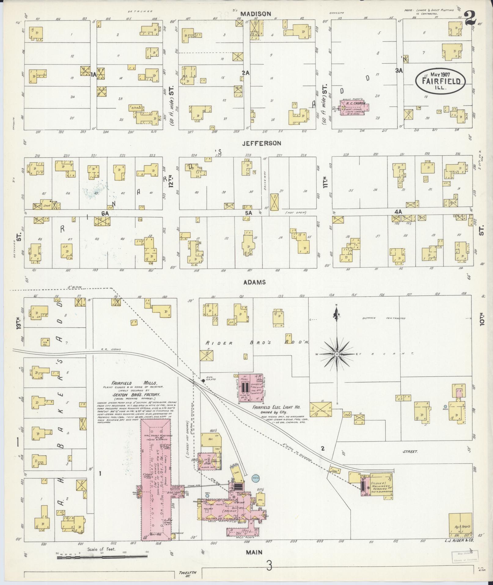 Sanborn Fire Insurance Map from Fairfield, Wayne County, Illinois (1907), Sheet #0002 - Complete Map Set gallery image, historic Sanborn map, vintage wall art, Illinois Illinois