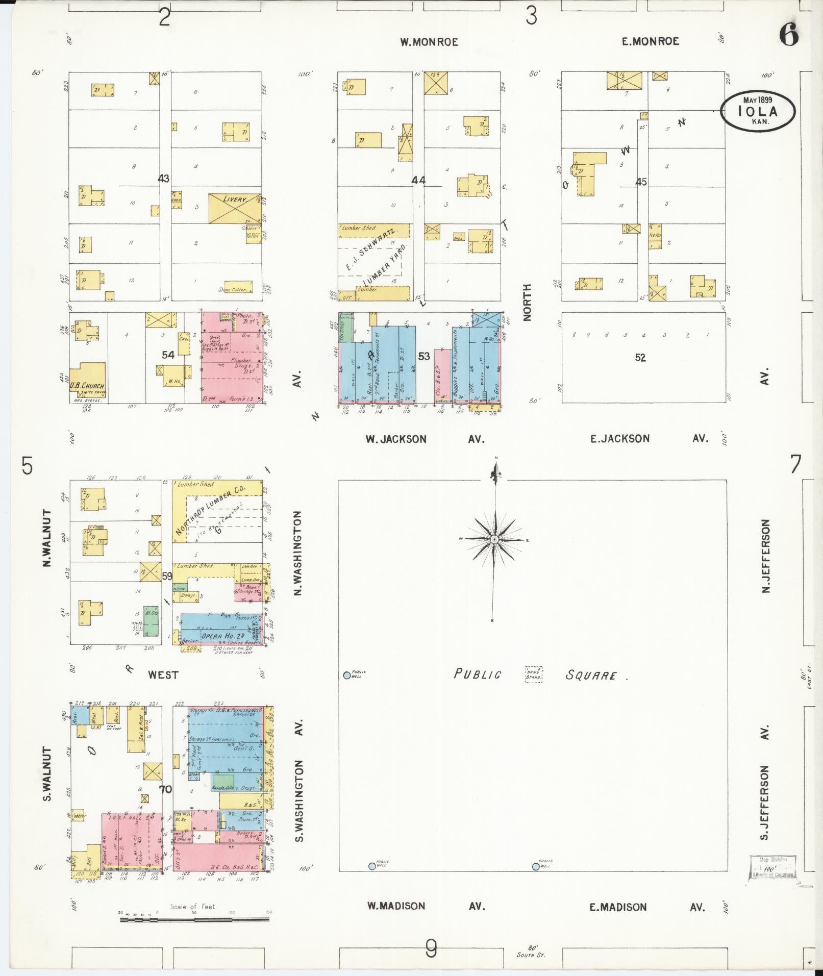 Sanborn Fire Insurance Map from Iola, Allen County, Kansas (1899), Sheet #0006 - Complete Map Set gallery image, historic Sanborn map, vintage wall art, Kansas Kansas