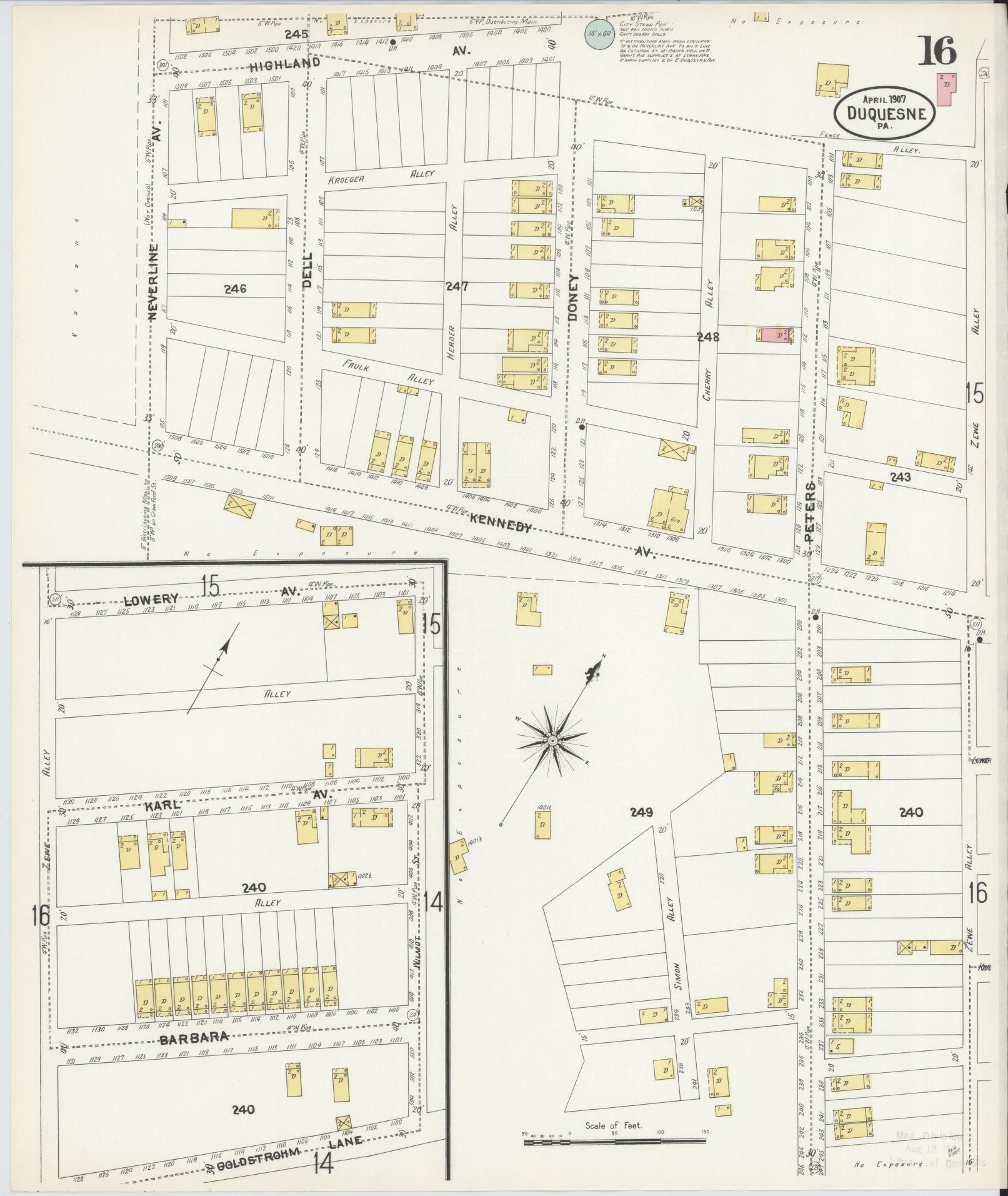 Sanborn Fire Insurance Map from Duquesne, Allegheny County, Pennsylvania (1907), Sheet #0016 - Historic Sanborn Fire Insurance Map Print, vintage old map wall art, antique decor, genealogy gift, Pennsylvania Pennsylvania map