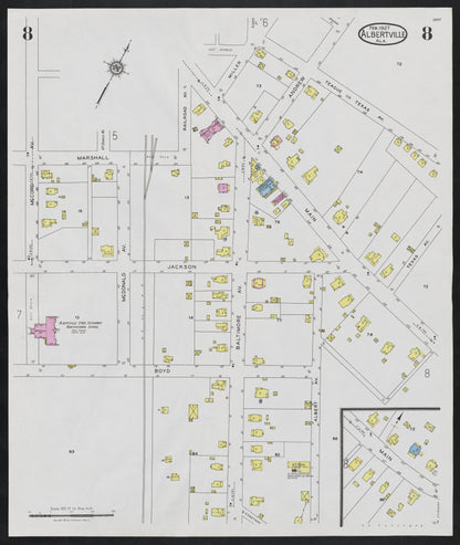 Sanborn Fire Insurance Map from Albertville, Marshall County, Alabama (1927), Sheet #0008 - Complete Map Set gallery image, historic Sanborn map, vintage wall art, Alabama Alabama