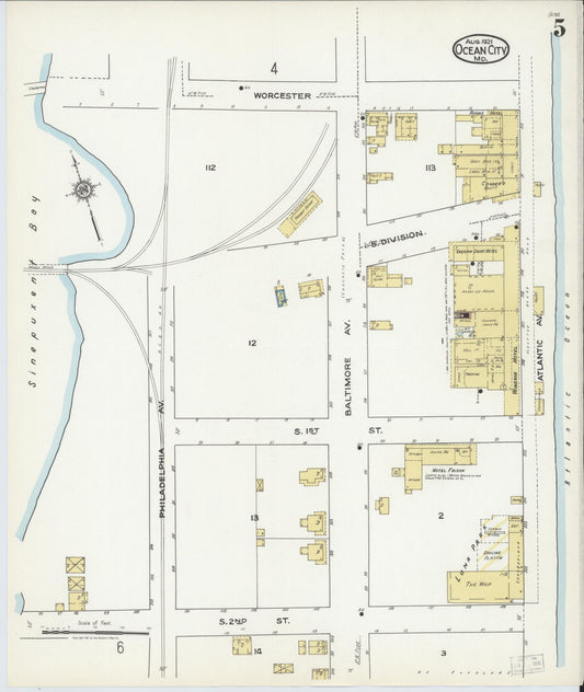 Sanborn Fire Insurance Map from Ocean City, Worcester County, Maryland (1921), Sheet #0005 - Historic Sanborn Fire Insurance Map Print, vintage old map wall art, antique decor, genealogy gift, Maryland Maryland map