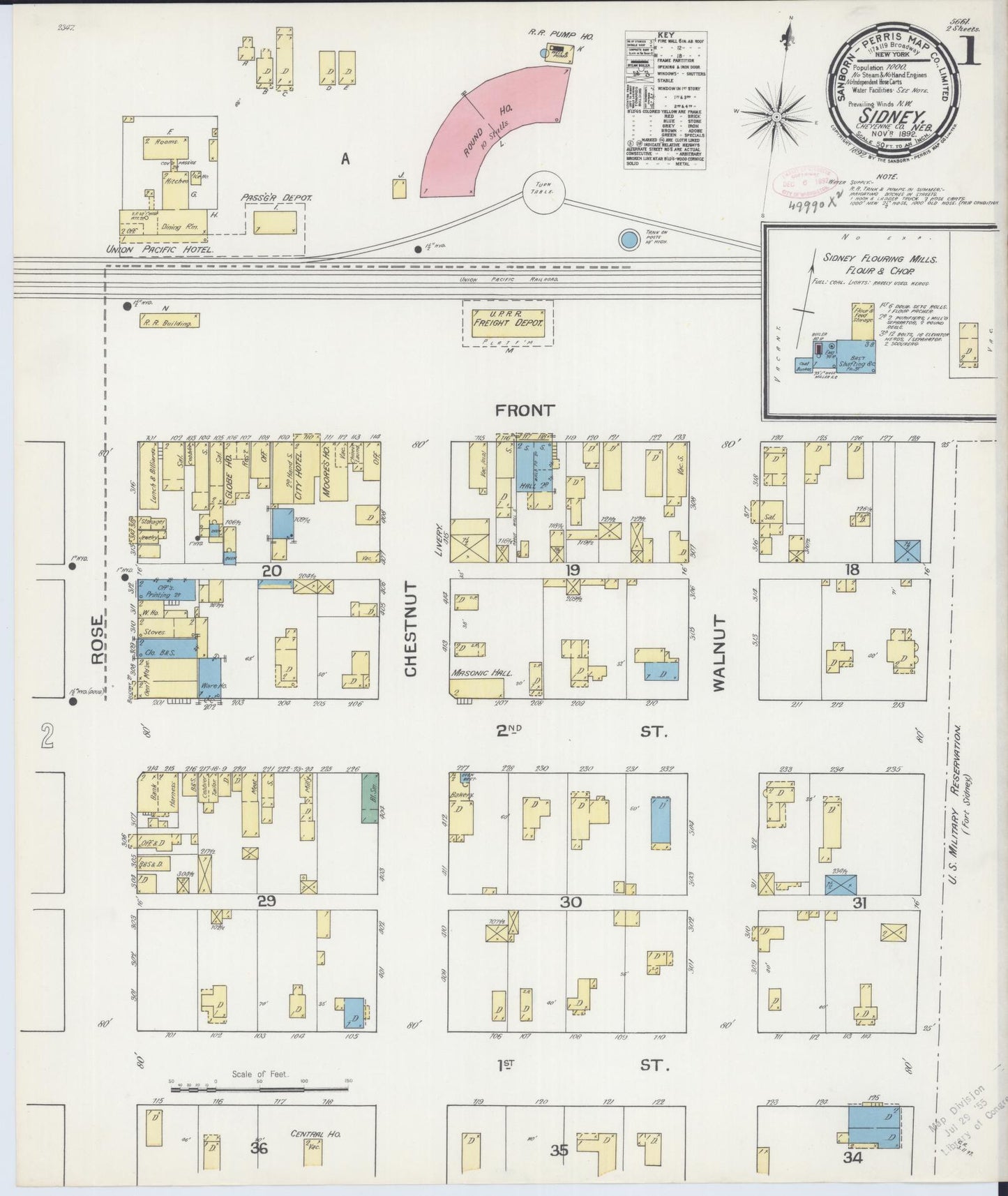 Sanborn Fire Insurance Map from Sidney, Cheyenne County, Nebraska (1892), Sheet #0001 - Historic Sanborn Fire Insurance Map Print, vintage old map wall art, antique decor, genealogy gift, Nebraska Nebraska map