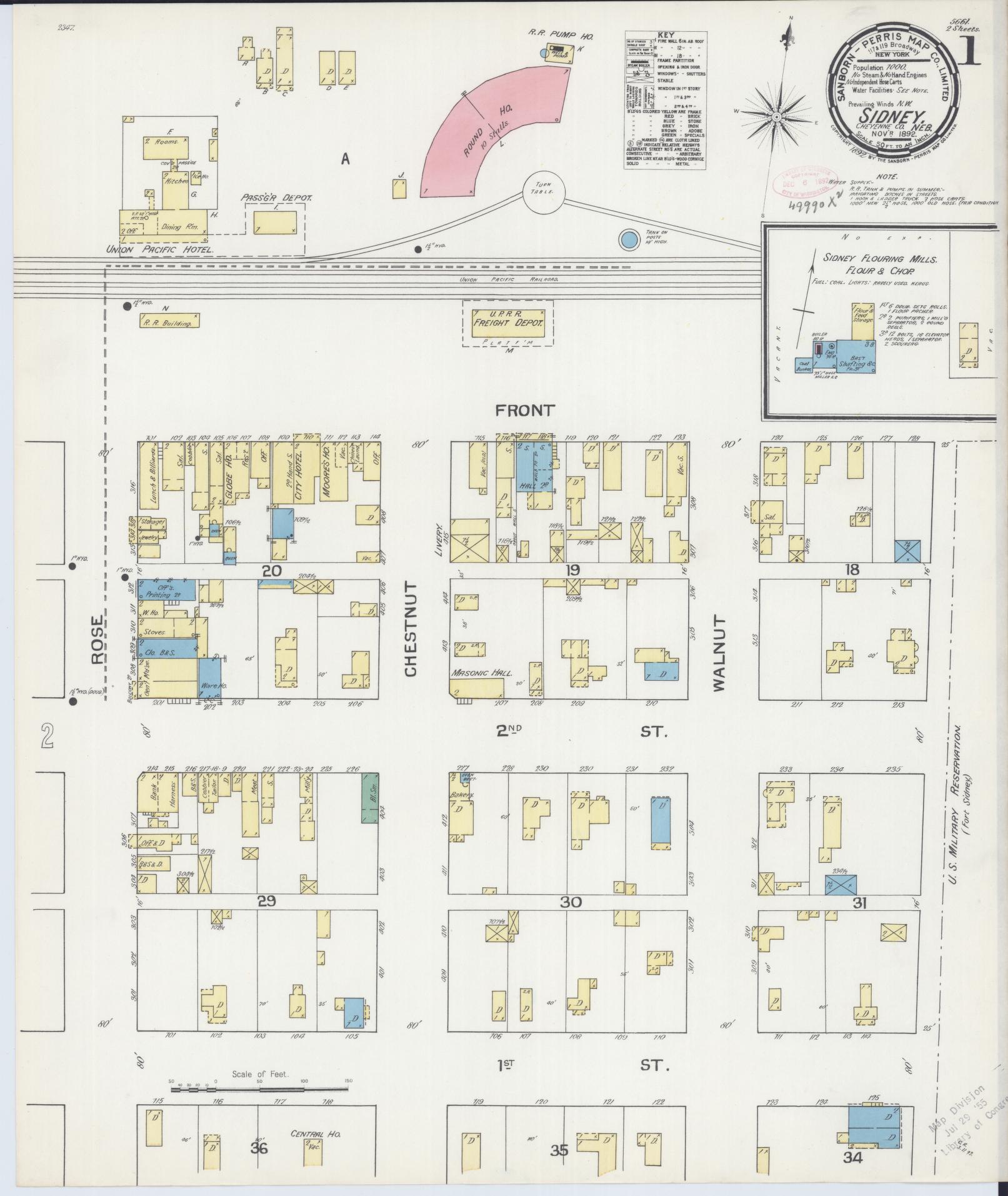 Sanborn Fire Insurance Map from Sidney, Cheyenne County, Nebraska (1892), Sheet #0001 - Historic Sanborn Fire Insurance Map Print, vintage old map wall art, antique decor, genealogy gift, Nebraska Nebraska map