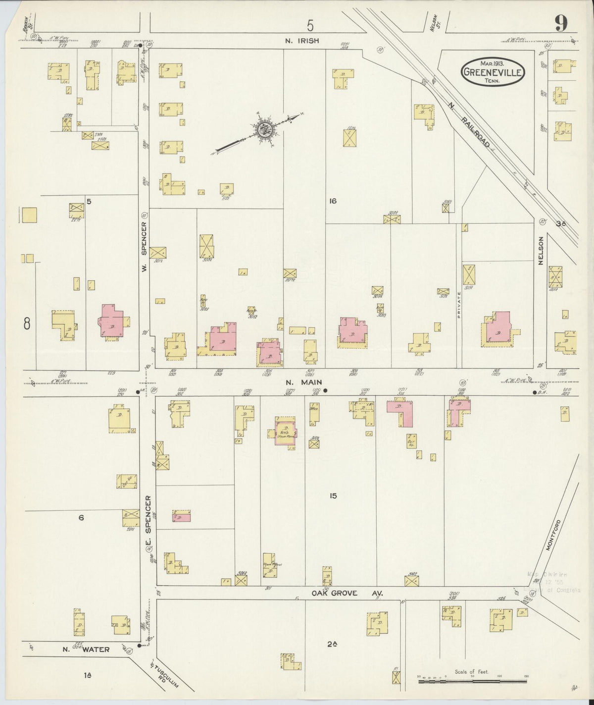 Sanborn Fire Insurance Map from Greeneville, Greene County, Tennessee (1913), Sheet #0009 - Complete Map Set gallery image, historic Sanborn map, vintage wall art, Tennessee Tennessee