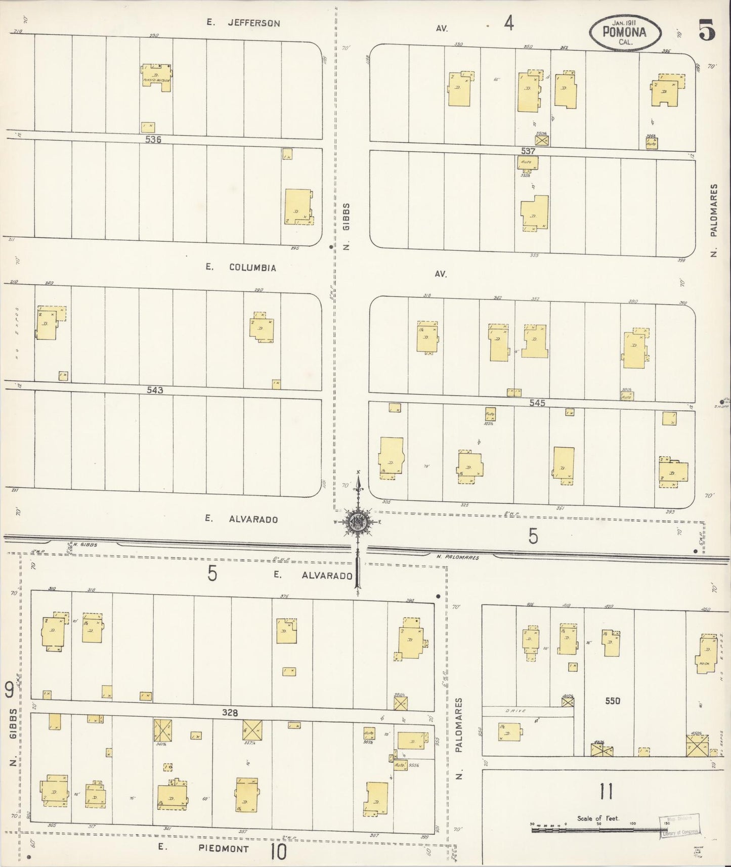 Sanborn Fire Insurance Map from Pomona, Los Angeles County, California (1911), Sheet #0005 - Complete Map Set gallery image, historic Sanborn map, vintage wall art, California California