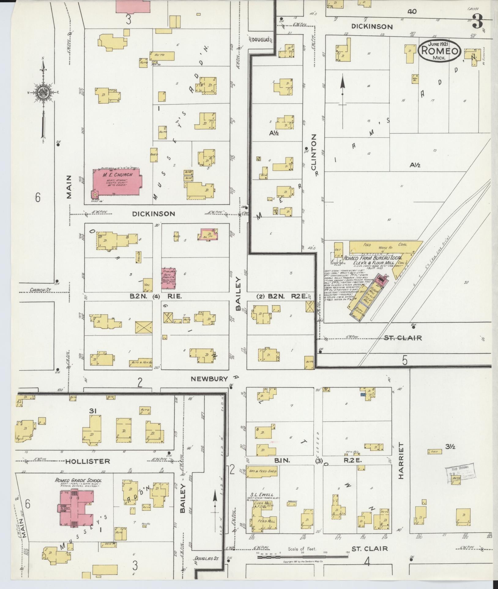 Sanborn Fire Insurance Map from Romeo, Macomb County, Michigan (1921), Sheet #0003 - Complete Map Set gallery image, historic Sanborn map, vintage wall art, Michigan Michigan
