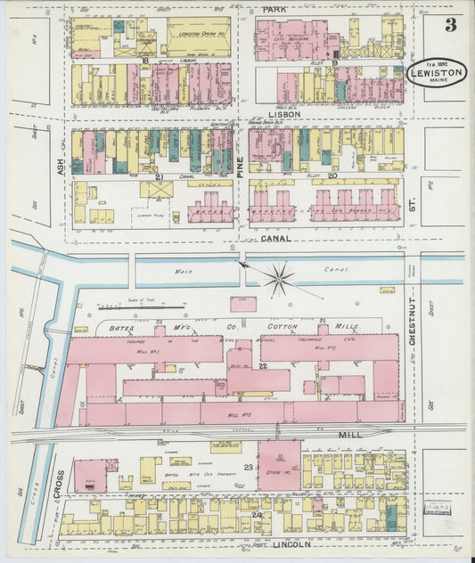 Sanborn Fire Insurance Map from Lewiston, Androscoggin County, Maine (1892), Sheet #0003 - Historic Sanborn Fire Insurance Map Print, vintage old map wall art, antique decor, genealogy gift, Maine Maine map