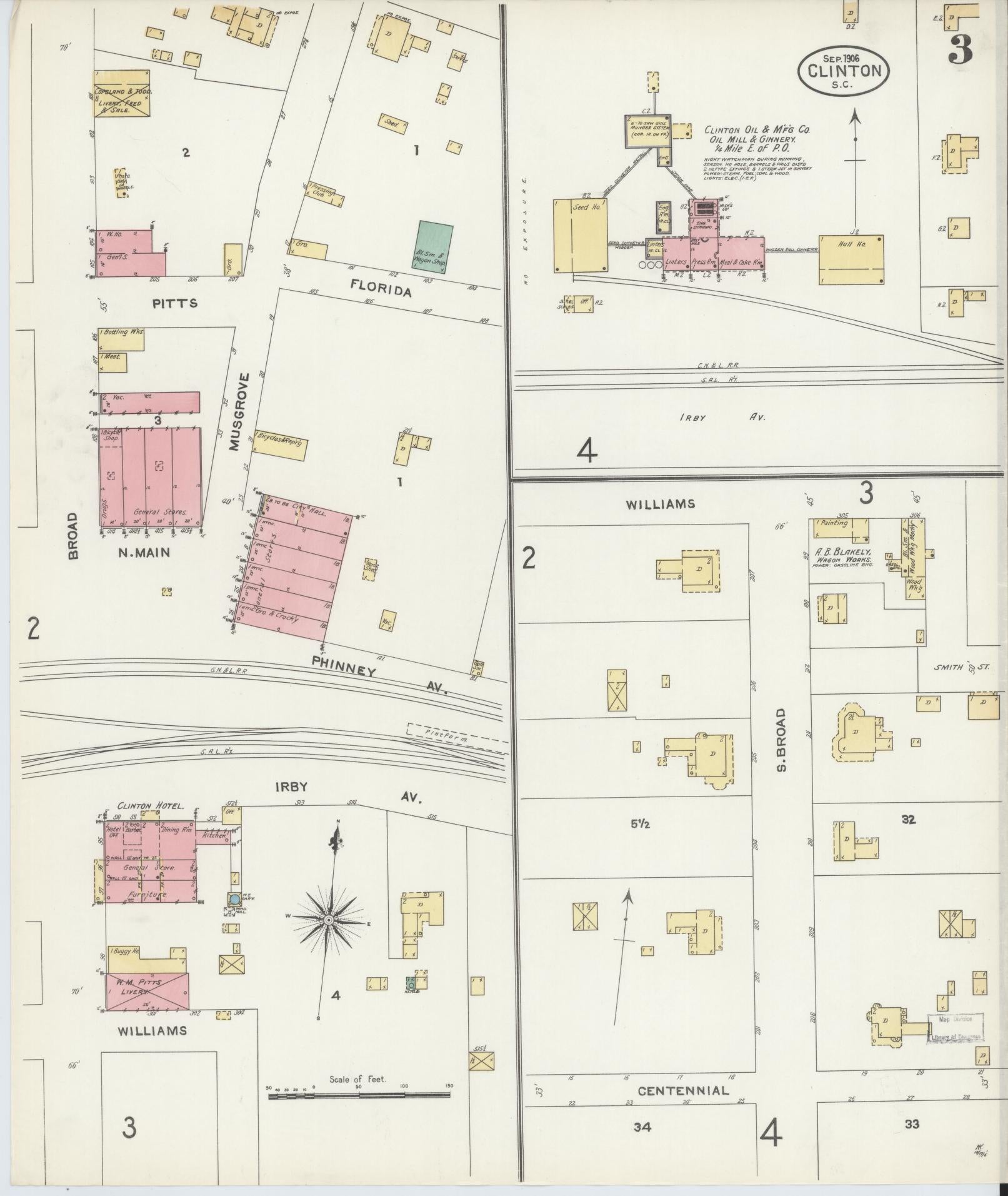 Sanborn Fire Insurance Map from Clinton, Laurens County, South Carolina (1906), Sheet #0003 - Complete Map Set gallery image, historic Sanborn map, vintage wall art, South Carolina South Carolina