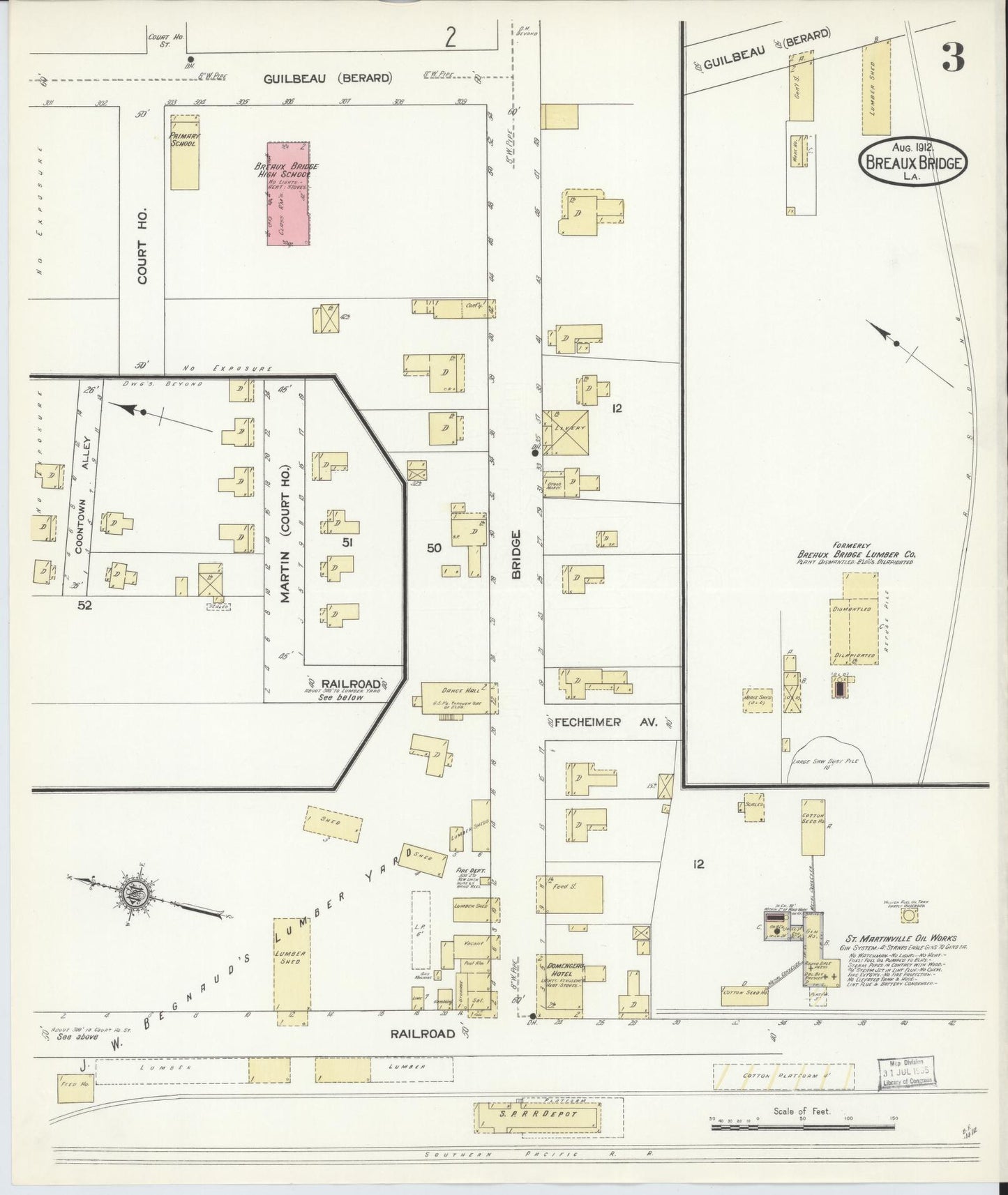 Sanborn Fire Insurance Map from Breaux Bridge, Saint Martin Parish, Louisiana (1912), Sheet #0003 - Historic Sanborn Fire Insurance Map Print, vintage old map wall art, antique decor, genealogy gift, Louisiana Louisiana map