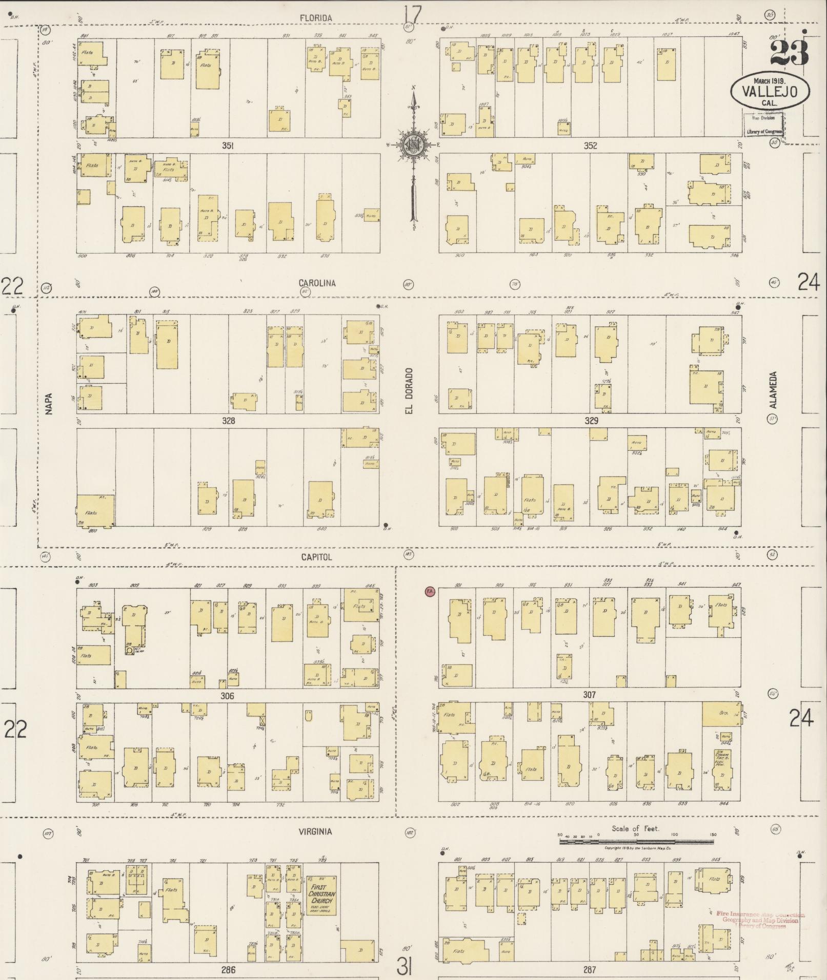 Sanborn Fire Insurance Map from Vallejo, Solano County, California (1919), Sheet #0023 - Complete Map Set gallery image, historic Sanborn map, vintage wall art, California California