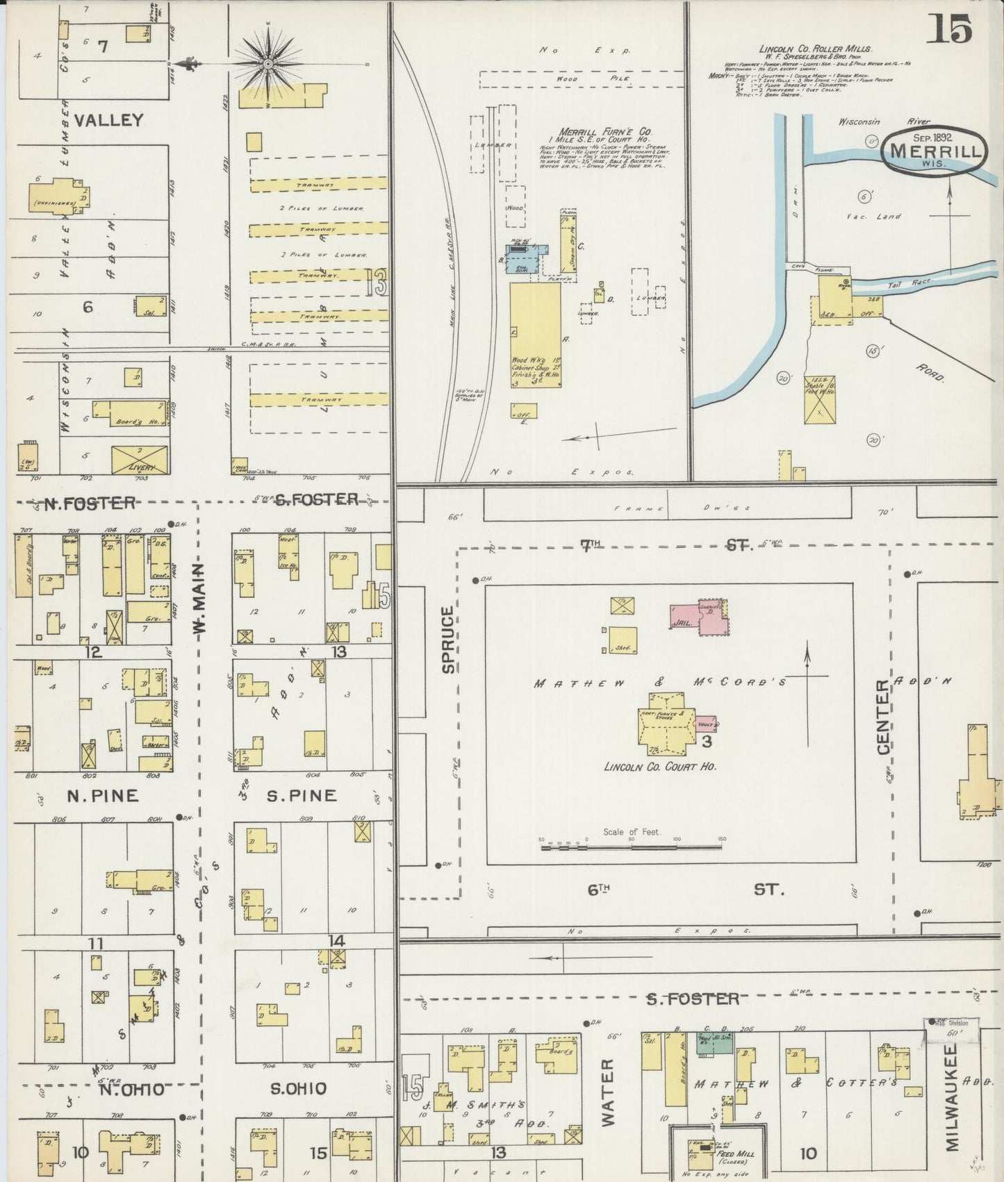 Sanborn Fire Insurance Map from Merrill, Lincoln County, Wisconsin (1892), Sheet #0015 - Complete Map Set gallery image, historic Sanborn map, vintage wall art, Wisconsin Wisconsin