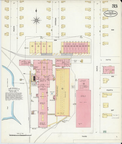 Sanborn Fire Insurance Map from Greensboro, Guilford County, North Carolina (1907), Sheet #0033 - Complete Map Set gallery image, historic Sanborn map, vintage wall art, North Carolina North Carolina