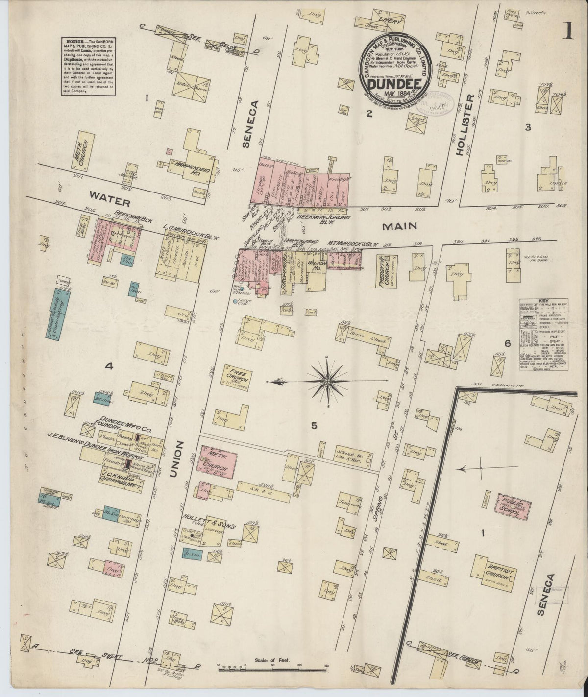 Sanborn Fire Insurance Map from Dundee, Yates County, New York (1884), Sheet #0001 - Historic Sanborn Fire Insurance Map Print, vintage old map wall art, antique decor, genealogy gift, New York New York map