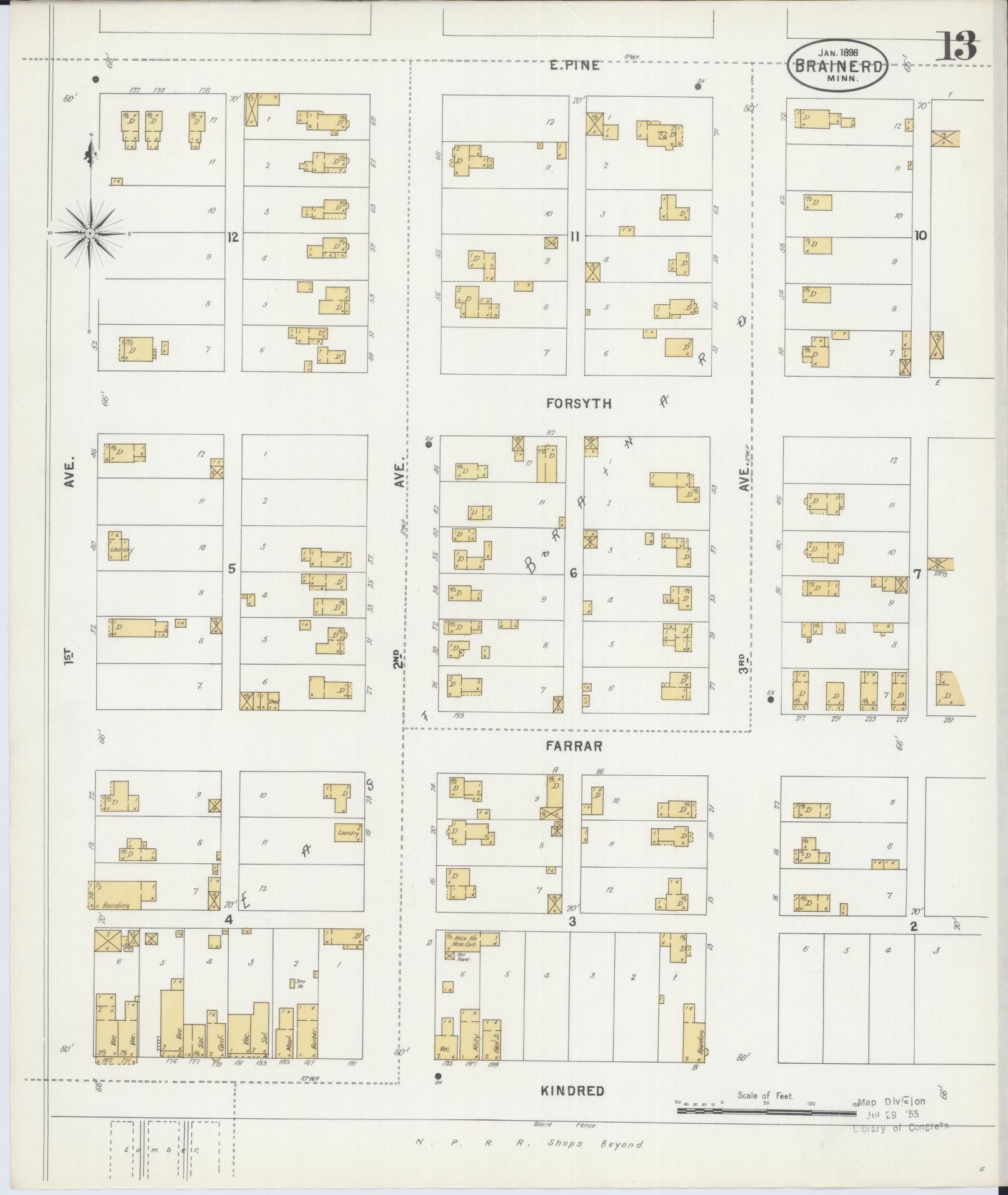 Sanborn Fire Insurance Map from Brainerd, Crow Wing County, Minnesota (1898), Sheet #0013 - Complete Map Set gallery image, historic Sanborn map, vintage wall art, Minnesota Minnesota