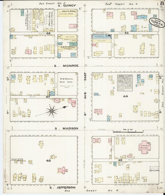 Sanborn Fire Insurance Map from Topeka, Shawnee County, Kansas (1883), Sheet #0008 - Historic Sanborn Fire Insurance Map Print, vintage old map wall art, antique decor, genealogy gift, Kansas Kansas map